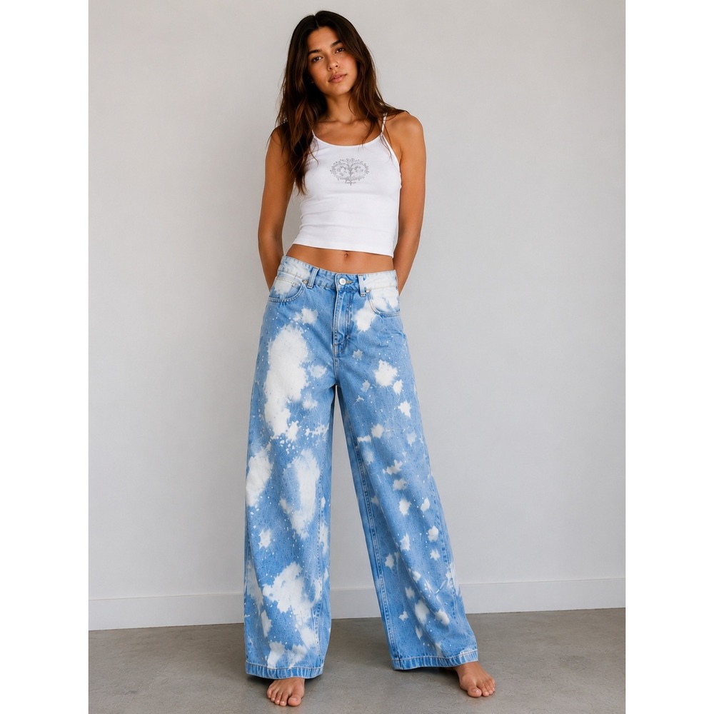 Ragged Priest Bleach Splatter Skater Y2K Jeans Blue White Baggy Denim Womens 26